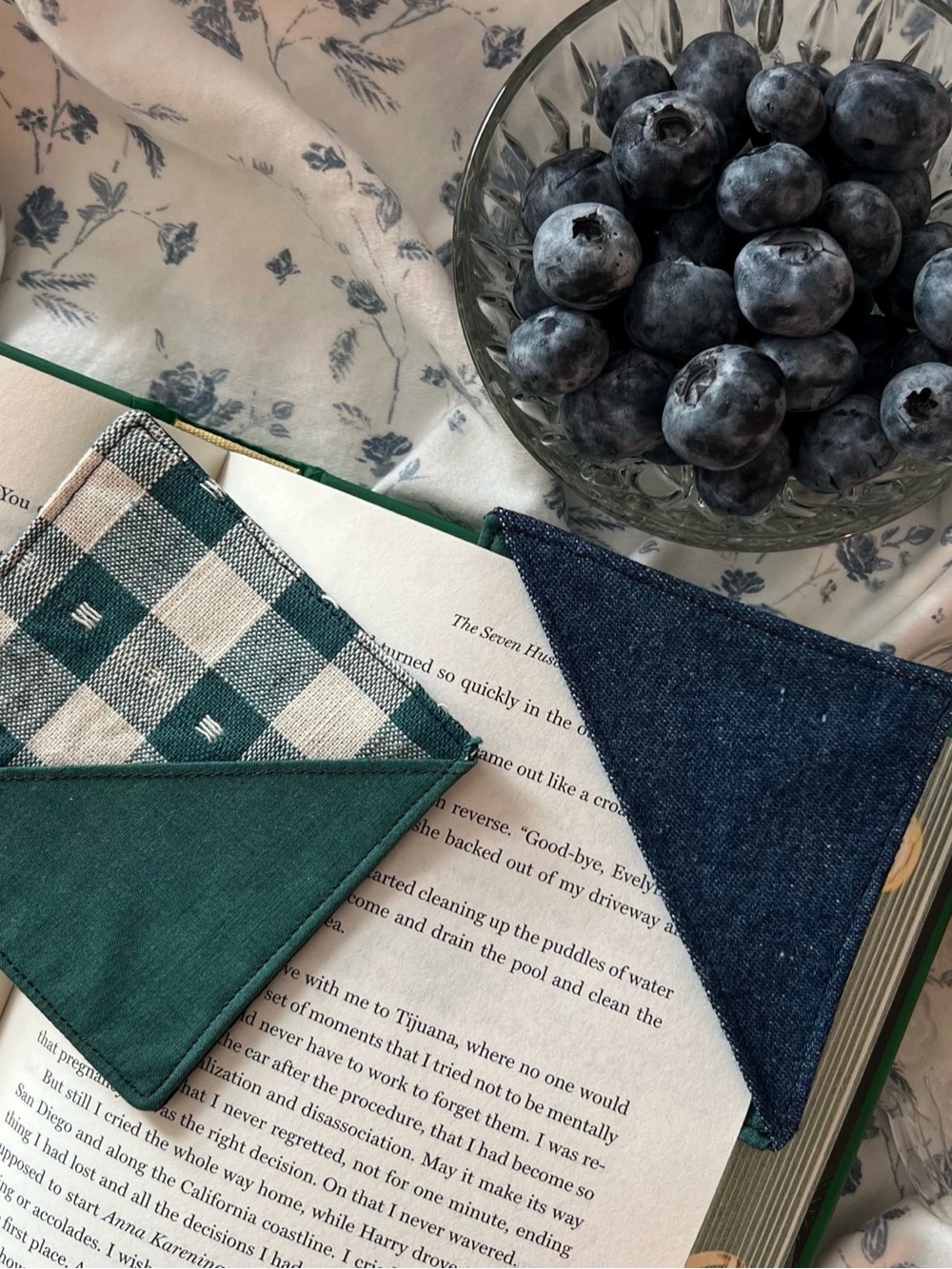 Handmade Green Gingham Navy Denim Corner Bookmark Set
